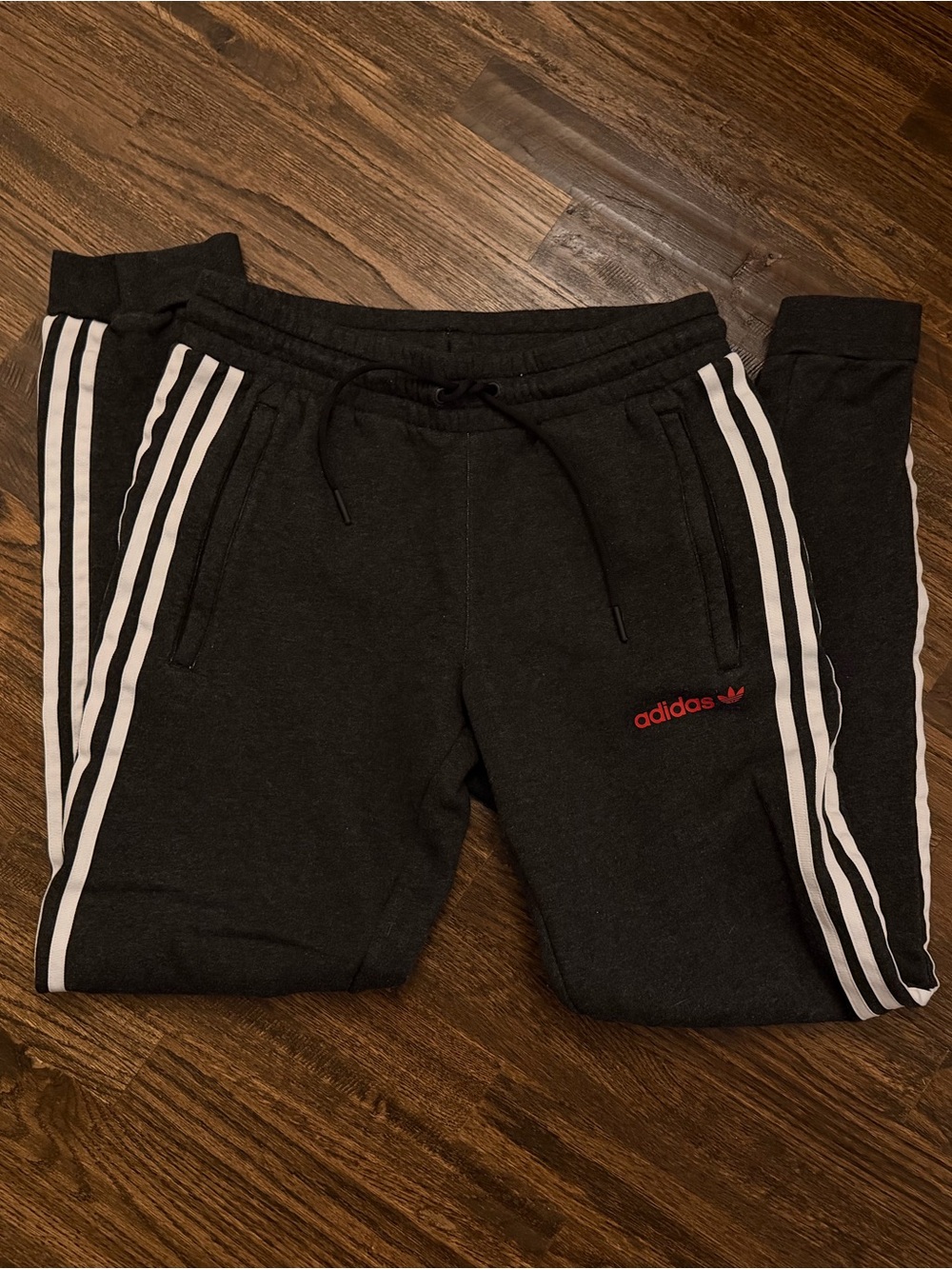 adidas Dark Gray Track Joggers with White Stripes and Red Logo - Picture 3 of 4